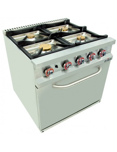 Cocina a gas 4 fuegos con piloto de 2x7,5 +2x5,5 kW con horno GN2/1 termostático de 7,5Kw 80CG70H